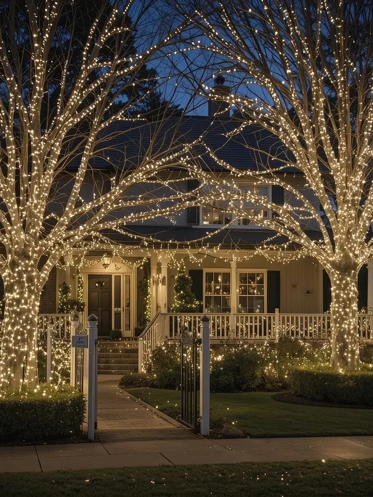 Trees wrapped in warm white lights in front of a home