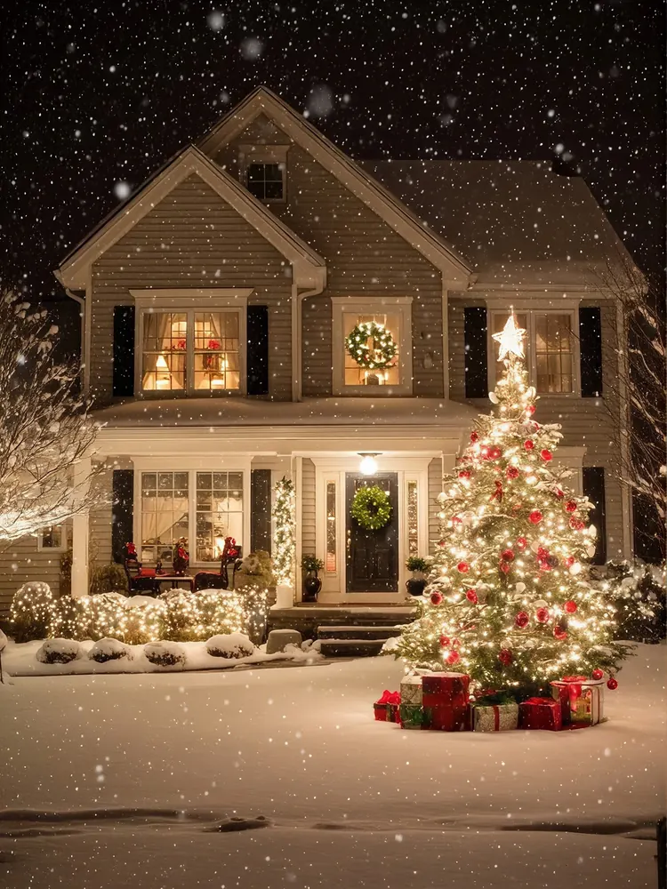 Two-storey home with roofline lights and a lit tree in the yard